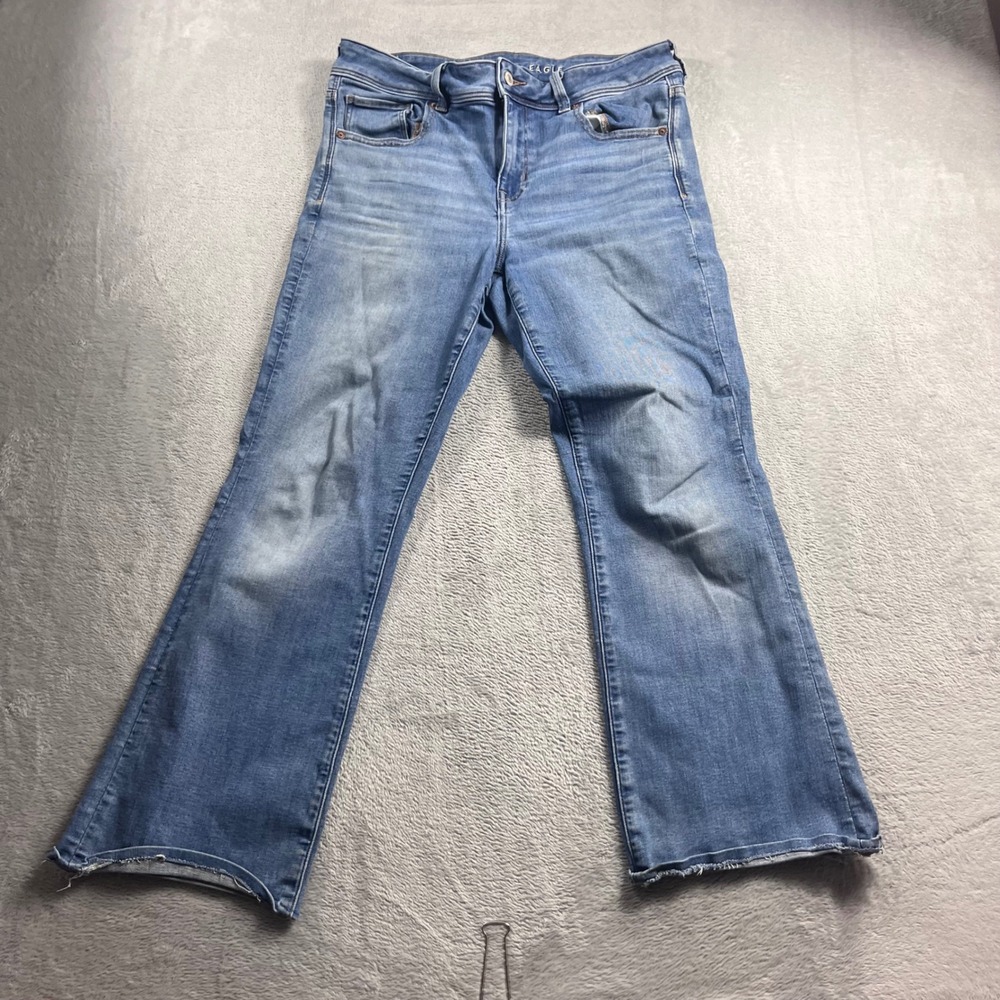 American Eagle Kick Boot Jeans Womens 12 Medium Wash Raw Hem Stretch Denim